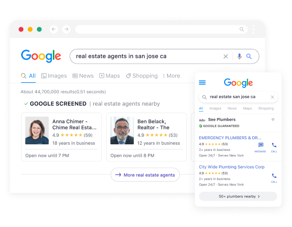 Local service ads and Google Guaranteed examples for real estate agents